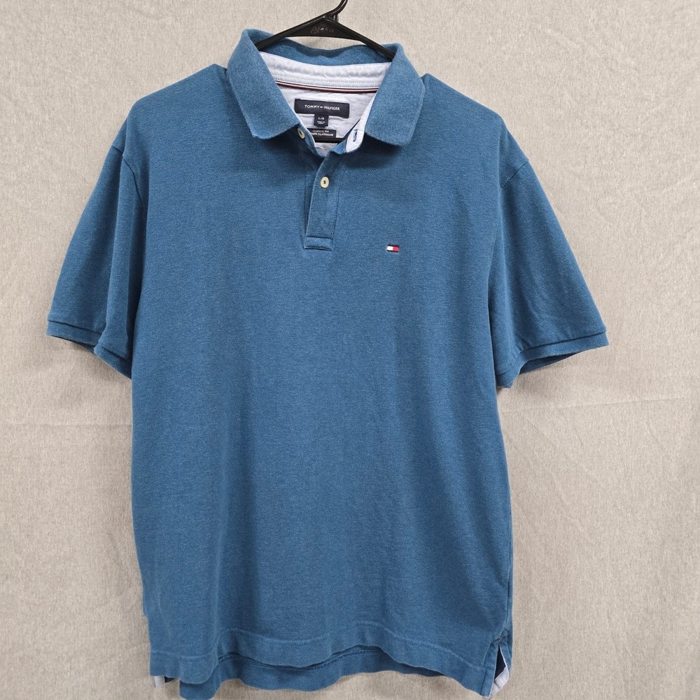 Tommy Hilfiger Mens Classic Fit Polo Shirt Blue Pique Cotton‎ Short Sleeve Large